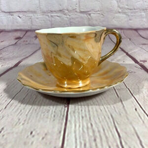 Vintage Hand Painted Iridescent Luster Orange and Gold Cup and Saucer Set Japan